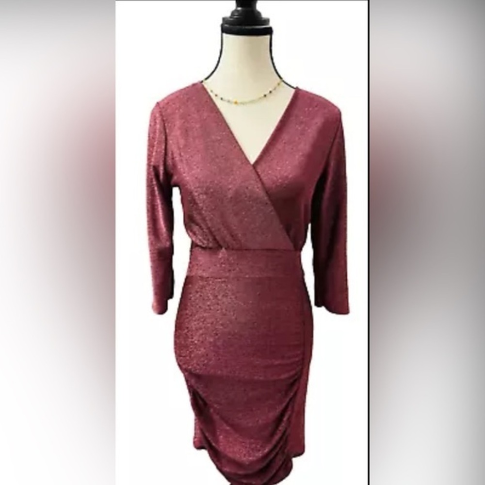 Venessa Scott Italy Women's Dress Metallic Twist Front Mini 3/4 Sleeve V-Neck M